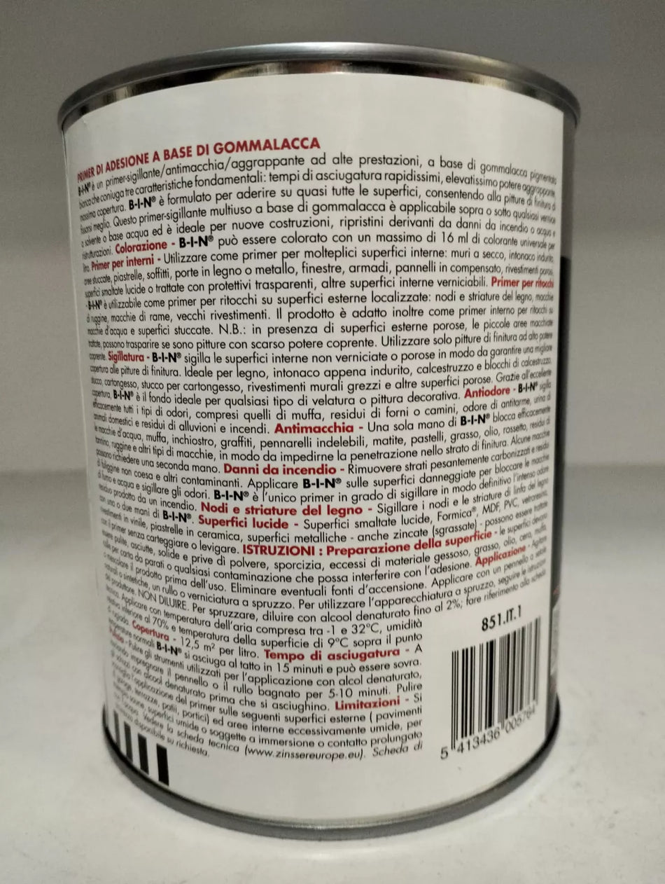 ZINSSER - B-I-N Primer sigill. gommalacca antimacchia e antiodore Bianco Lt 1