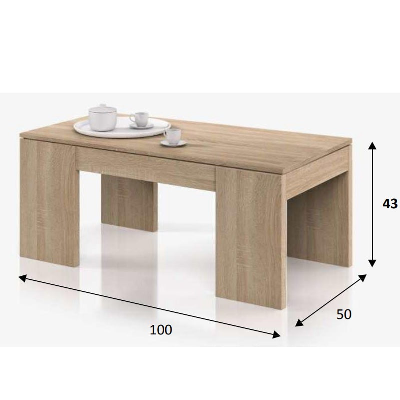 TAVOLINO DA CAFFE' ELEVABILE ROVERE CANADIAN 100X50Xh43/54 cm